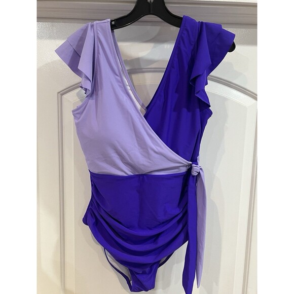 Blooming Jelly Swimsuit Slimming Purple One Piece Cross Cross Ruffle Sz XL Beach - Picture 2 of 7